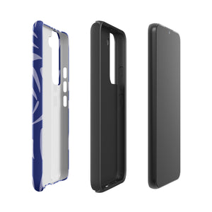 The Mariposa Azul for Samsung smartphone case from Statement Cases is adorned with an impact-resistant design featuring light purple abstract shapes on a blue background. This dual-layer case proudly displays the text "STATEMENT CASES" at the bottom, ensuring that the camera lenses and buttons of your phone remain clearly visible.