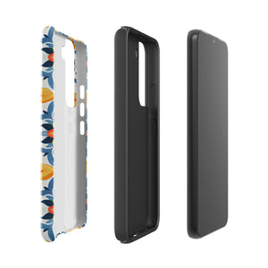 The Mediterranean Bloom for Samsung by Statement Cases features intricate, colorful floral patterns in blue, orange, and yellow. The design covers the entire back of the case, surrounding the camera cutout. Shock-absorbing and impact-resistant, it ensures protection while the brand "Statement Cases" is subtly printed near the bottom.