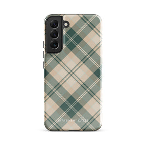 A dual-layer phone case featuring a checked plaid design in shades of green, beige, and white. The pattern consists of intersecting horizontal and vertical lines forming squares and diamonds. This impact-resistant Aristocrats Plaid for Samsung from Statement Cases is shown on a white background.