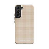 A smartphone with an impact-resistant beige plaid phone case featuring subtle light blue accents. The camera, flash, and sensor modules are visible at the top. The bottom part of the case has the text "Sophisticated Plaid for Samsung" printed on it by Statement Cases.