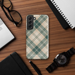 A dual-layer phone case featuring a checked plaid design in shades of green, beige, and white. The pattern consists of intersecting horizontal and vertical lines forming squares and diamonds. This impact-resistant Aristocrats Plaid for Samsung from Statement Cases is shown on a white background.