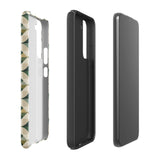 The Grand Estate Mosaic for Samsung features a geometric design with interlocking circles and X-shaped patterns in green, beige, and white tones. The impact-resistant, dual-layer design creates a modern, symmetrical appearance. "Statement Cases" is printed at the bottom of the case.
