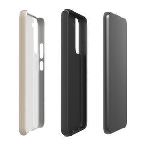 A beige smartphone case with vertical stripes designed for a phone with a triple camera setup. This impact-resistant phone case features precise cutouts for the cameras, buttons, and other essential functions. "Statement Cases" is printed at the bottom of the tough phone case. Product Name: Noble Pinstripe for Samsung