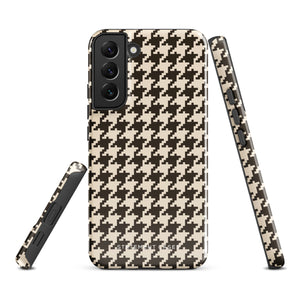 A Statement Cases Timeless Houndstooth for Samsung featuring a black and beige houndstooth pattern. The camera cutout at the top rear is designed for a triple-lens camera. With its dual-layer design and slim profile, this impact-resistant case also boasts a glossy finish.