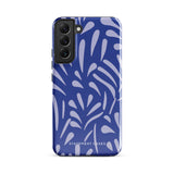 The Mariposa Azul for Samsung smartphone case from Statement Cases is adorned with an impact-resistant design featuring light purple abstract shapes on a blue background. This dual-layer case proudly displays the text "STATEMENT CASES" at the bottom, ensuring that the camera lenses and buttons of your phone remain clearly visible.