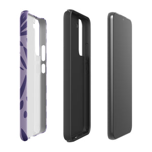 Introducing the Luna Morada for Samsung, a striking smartphone case from Statement Cases. This decorative purple cover boasts abstract floral and organic patterns in darker hues and is designed to absorb shocks. The impact-resistant case features a camera cutout that accommodates five lenses, with the brand name "STATEMENT CASES" elegantly printed at the bottom center.