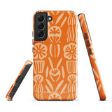 This stylish smartphone accessory, the Savannah Ardiente for Samsung by Statement Cases, features a shock-absorbing, colorful patterned case adorned with abstract flower designs in beige on an orange background. This impact-resistant phone case wraps around the back of your device, providing robust protection for its multiple camera lenses in the corner.