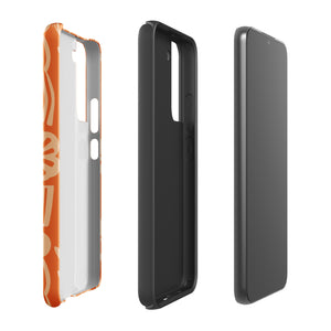 This stylish smartphone accessory, the Savannah Ardiente for Samsung by Statement Cases, features a shock-absorbing, colorful patterned case adorned with abstract flower designs in beige on an orange background. This impact-resistant phone case wraps around the back of your device, providing robust protection for its multiple camera lenses in the corner.