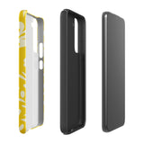 The Sol Dorado for Samsung by Statement Cases is a durable phone case featuring a bright yellow background adorned with an abstract white floral pattern, showcasing various flowers and leaves. Near the bottom edge, the text "STATEMENT CASE" highlights its dual-layer design for enhanced durability.