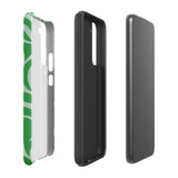 The Selva Verde for Samsung, a product by Statement Cases, is a durable, dual-layer phone case adorned with a green and white leafy design. The back of the case includes a camera cutout, and the bottom is printed with "Statement Cases.