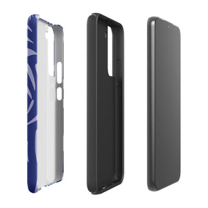 The Mariposa Azul for Samsung smartphone case from Statement Cases is adorned with an impact-resistant design featuring light purple abstract shapes on a blue background. This dual-layer case proudly displays the text "STATEMENT CASES" at the bottom, ensuring that the camera lenses and buttons of your phone remain clearly visible.