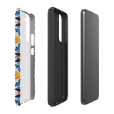 The Mediterranean Bloom for Samsung by Statement Cases features intricate, colorful floral patterns in blue, orange, and yellow. The design covers the entire back of the case, surrounding the camera cutout. Shock-absorbing and impact-resistant, it ensures protection while the brand "Statement Cases" is subtly printed near the bottom.