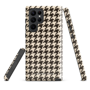 A Statement Cases Timeless Houndstooth for Samsung featuring a black and beige houndstooth pattern. The camera cutout at the top rear is designed for a triple-lens camera. With its dual-layer design and slim profile, this impact-resistant case also boasts a glossy finish.