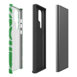 The Selva Verde for Samsung, a product by Statement Cases, is a durable, dual-layer phone case adorned with a green and white leafy design. The back of the case includes a camera cutout, and the bottom is printed with "Statement Cases.