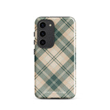 A dual-layer phone case featuring a checked plaid design in shades of green, beige, and white. The pattern consists of intersecting horizontal and vertical lines forming squares and diamonds. This impact-resistant Aristocrats Plaid for Samsung from Statement Cases is shown on a white background.