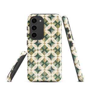 The Grand Estate Mosaic for Samsung features a geometric design with interlocking circles and X-shaped patterns in green, beige, and white tones. The impact-resistant, dual-layer design creates a modern, symmetrical appearance. "Statement Cases" is printed at the bottom of the case.