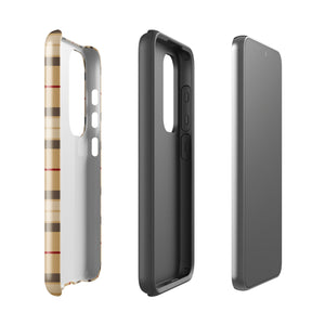 A tough phone case with a beige, black, white, and red tartan plaid design. The case has cutouts for the camera lenses, flash, and other features. The text "Statement Cases" is visible at the bottom center of this impact-resistant Neutral Heritage Tartan for Samsung phone case.