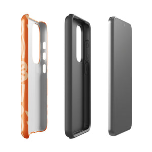 This stylish smartphone accessory, the Savannah Ardiente for Samsung by Statement Cases, features a shock-absorbing, colorful patterned case adorned with abstract flower designs in beige on an orange background. This impact-resistant phone case wraps around the back of your device, providing robust protection for its multiple camera lenses in the corner.