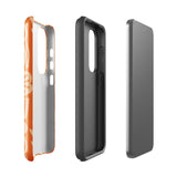 This stylish smartphone accessory, the Savannah Ardiente for Samsung by Statement Cases, features a shock-absorbing, colorful patterned case adorned with abstract flower designs in beige on an orange background. This impact-resistant phone case wraps around the back of your device, providing robust protection for its multiple camera lenses in the corner.