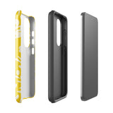 The Sol Dorado for Samsung by Statement Cases is a durable phone case featuring a bright yellow background adorned with an abstract white floral pattern, showcasing various flowers and leaves. Near the bottom edge, the text "STATEMENT CASE" highlights its dual-layer design for enhanced durability.