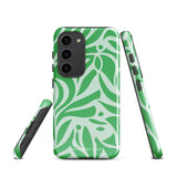 The Selva Verde for Samsung, a product by Statement Cases, is a durable, dual-layer phone case adorned with a green and white leafy design. The back of the case includes a camera cutout, and the bottom is printed with "Statement Cases.