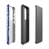 The Mariposa Azul for Samsung smartphone case from Statement Cases is adorned with an impact-resistant design featuring light purple abstract shapes on a blue background. This dual-layer case proudly displays the text "STATEMENT CASES" at the bottom, ensuring that the camera lenses and buttons of your phone remain clearly visible.