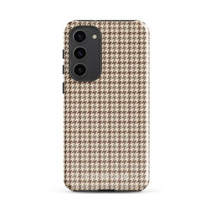 A Samsung smartphone with a beige and brown houndstooth patterned, impact-resistant case from Statement Cases. The phone features multiple cameras on the upper left side of its back. This tough Classic Houndstooth for Samsung phone case has a sleek, dual-layer design with precise cutouts for the cameras and buttons.