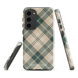 A dual-layer phone case featuring a checked plaid design in shades of green, beige, and white. The pattern consists of intersecting horizontal and vertical lines forming squares and diamonds. This impact-resistant Aristocrats Plaid for Samsung from Statement Cases is shown on a white background.