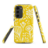 The Sol Dorado for Samsung by Statement Cases is a durable phone case featuring a bright yellow background adorned with an abstract white floral pattern, showcasing various flowers and leaves. Near the bottom edge, the text "STATEMENT CASE" highlights its dual-layer design for enhanced durability.