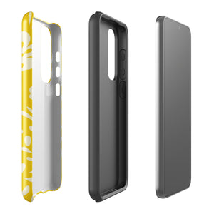 The Sol Dorado for Samsung by Statement Cases is a durable phone case featuring a bright yellow background adorned with an abstract white floral pattern, showcasing various flowers and leaves. Near the bottom edge, the text "STATEMENT CASE" highlights its dual-layer design for enhanced durability.