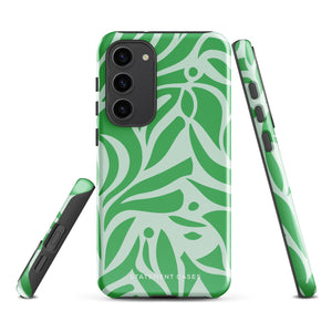 The Selva Verde for Samsung, a product by Statement Cases, is a durable, dual-layer phone case adorned with a green and white leafy design. The back of the case includes a camera cutout, and the bottom is printed with "Statement Cases.