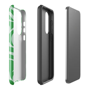 The Selva Verde for Samsung, a product by Statement Cases, is a durable, dual-layer phone case adorned with a green and white leafy design. The back of the case includes a camera cutout, and the bottom is printed with "Statement Cases.