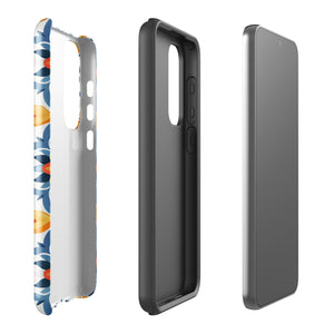 The Mediterranean Bloom for Samsung by Statement Cases features intricate, colorful floral patterns in blue, orange, and yellow. The design covers the entire back of the case, surrounding the camera cutout. Shock-absorbing and impact-resistant, it ensures protection while the brand "Statement Cases" is subtly printed near the bottom.