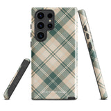 A dual-layer phone case featuring a checked plaid design in shades of green, beige, and white. The pattern consists of intersecting horizontal and vertical lines forming squares and diamonds. This impact-resistant Aristocrats Plaid for Samsung from Statement Cases is shown on a white background.