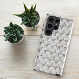 A Chunky Comfort for Samsung with a realistic knitted texture featuring white interwoven yarns. The impact-resistant case has multiple camera cutouts and a shock-absorbing dual-layer design. The brand name "Statement Cases" is printed at the bottom.