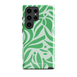 The Selva Verde for Samsung, a product by Statement Cases, is a durable, dual-layer phone case adorned with a green and white leafy design. The back of the case includes a camera cutout, and the bottom is printed with "Statement Cases.