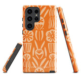 This stylish smartphone accessory, the Savannah Ardiente for Samsung by Statement Cases, features a shock-absorbing, colorful patterned case adorned with abstract flower designs in beige on an orange background. This impact-resistant phone case wraps around the back of your device, providing robust protection for its multiple camera lenses in the corner.