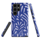 The Mariposa Azul for Samsung smartphone case from Statement Cases is adorned with an impact-resistant design featuring light purple abstract shapes on a blue background. This dual-layer case proudly displays the text "STATEMENT CASES" at the bottom, ensuring that the camera lenses and buttons of your phone remain clearly visible.