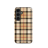 A tough phone case with a beige, black, white, and red tartan plaid design. The case has cutouts for the camera lenses, flash, and other features. The text "Statement Cases" is visible at the bottom center of this impact-resistant Neutral Heritage Tartan for Samsung phone case.