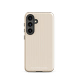 A beige smartphone case with vertical stripes designed for a phone with a triple camera setup. This impact-resistant phone case features precise cutouts for the cameras, buttons, and other essential functions. "Statement Cases" is printed at the bottom of the tough phone case. Product Name: Noble Pinstripe for Samsung