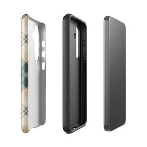 A dual-layer phone case featuring a checked plaid design in shades of green, beige, and white. The pattern consists of intersecting horizontal and vertical lines forming squares and diamonds. This impact-resistant Aristocrats Plaid for Samsung from Statement Cases is shown on a white background.