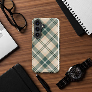 A dual-layer phone case featuring a checked plaid design in shades of green, beige, and white. The pattern consists of intersecting horizontal and vertical lines forming squares and diamonds. This impact-resistant Aristocrats Plaid for Samsung from Statement Cases is shown on a white background.