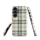 A beige and green plaid-patterned phone case designed to fit a smartphone. The dual-layer design ensures impact-resistant protection while maintaining a snug fit with precise cutouts for the camera and buttons. The brand name "Statement Cases" is subtly printed at the bottom.