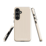 A beige smartphone case with vertical stripes designed for a phone with a triple camera setup. This impact-resistant phone case features precise cutouts for the cameras, buttons, and other essential functions. "Statement Cases" is printed at the bottom of the tough phone case. Product Name: Noble Pinstripe for Samsung