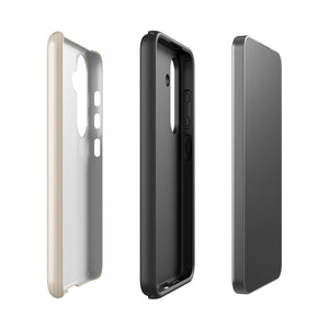 A beige smartphone case with vertical stripes designed for a phone with a triple camera setup. This impact-resistant phone case features precise cutouts for the cameras, buttons, and other essential functions. "Statement Cases" is printed at the bottom of the tough phone case. Product Name: Noble Pinstripe for Samsung