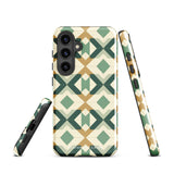 A smartphone with a dual-layer design case featuring a mix of green, beige, and tan shapes. The Old World Mosaic for Samsung has a "Statement Cases" logo at the bottom and is impact-resistant, ensuring your phone with its quad-camera setup stays protected.