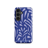 The Mariposa Azul for Samsung smartphone case from Statement Cases is adorned with an impact-resistant design featuring light purple abstract shapes on a blue background. This dual-layer case proudly displays the text "STATEMENT CASES" at the bottom, ensuring that the camera lenses and buttons of your phone remain clearly visible.