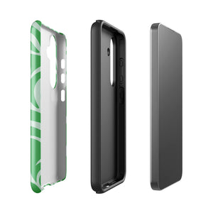 The Selva Verde for Samsung, a product by Statement Cases, is a durable, dual-layer phone case adorned with a green and white leafy design. The back of the case includes a camera cutout, and the bottom is printed with "Statement Cases.