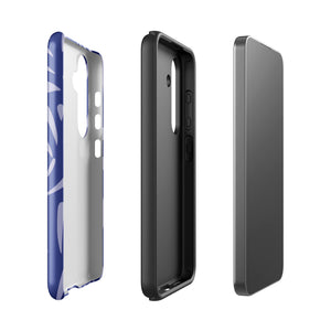 The Mariposa Azul for Samsung smartphone case from Statement Cases is adorned with an impact-resistant design featuring light purple abstract shapes on a blue background. This dual-layer case proudly displays the text "STATEMENT CASES" at the bottom, ensuring that the camera lenses and buttons of your phone remain clearly visible.