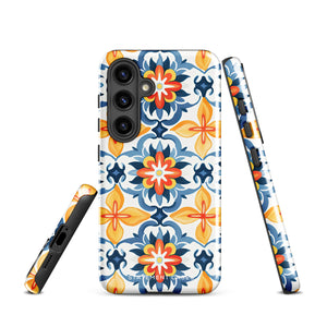 The Mediterranean Bloom for Samsung by Statement Cases features intricate, colorful floral patterns in blue, orange, and yellow. The design covers the entire back of the case, surrounding the camera cutout. Shock-absorbing and impact-resistant, it ensures protection while the brand "Statement Cases" is subtly printed near the bottom.